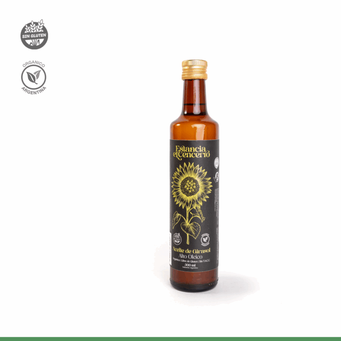 Aceite de Girasol Alto Oleico Orgánico Certificado Sin TACC botella de vidrio 500ml